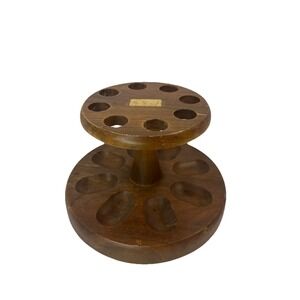 Vintage Wooden  8 Pipe Holder Round Rack Stand  6" Tall Read